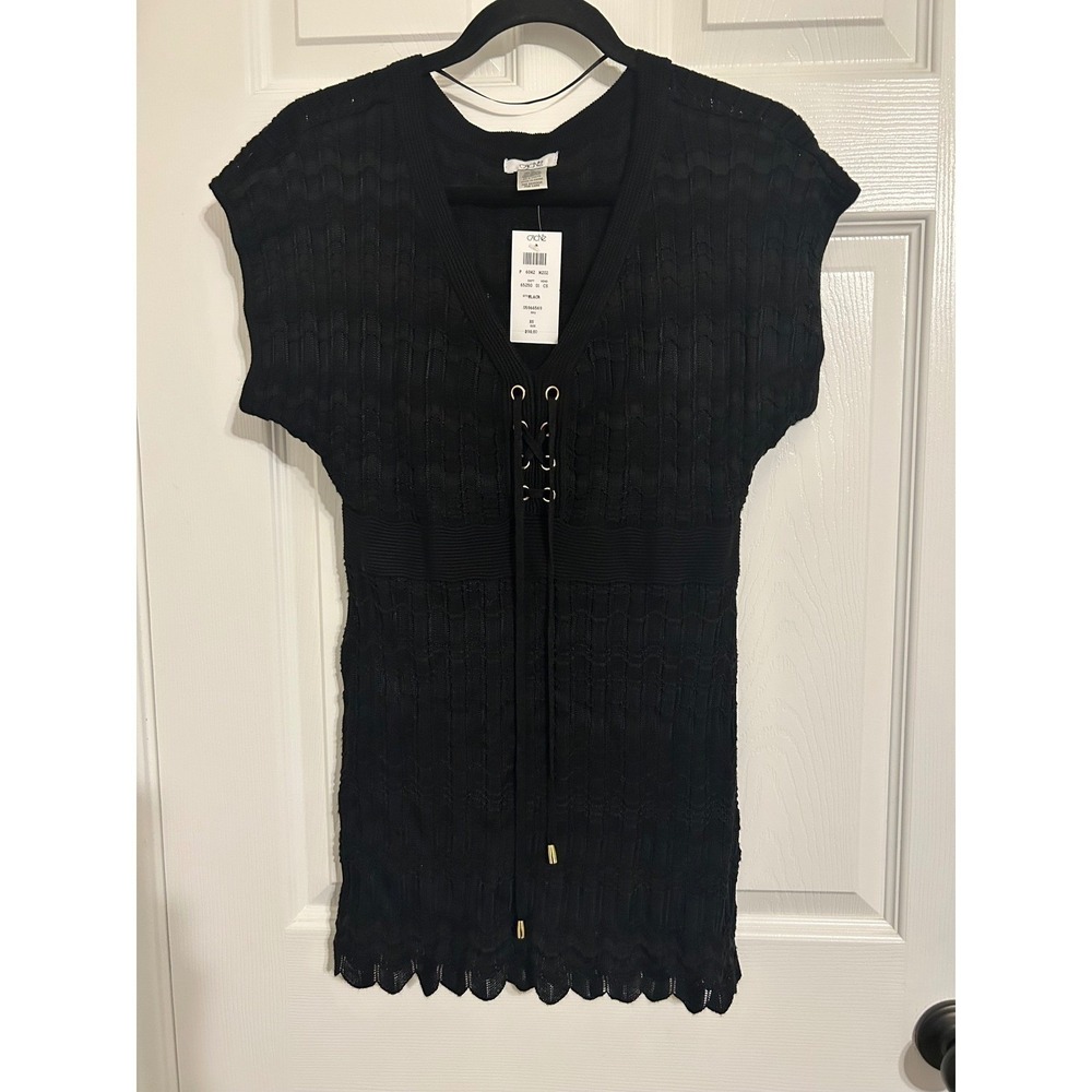 Cache Black Lace Up V-Neck‎ Knit Tunic Top Sleeveless Scalloped Hem XS NWT